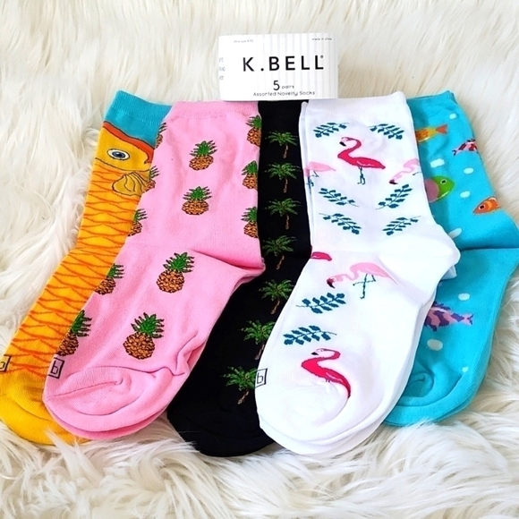 K. Bell 5 pairs of novelty socks-pineapple, flamingo, fish, and palm tree NIP - Picture 1 of 12